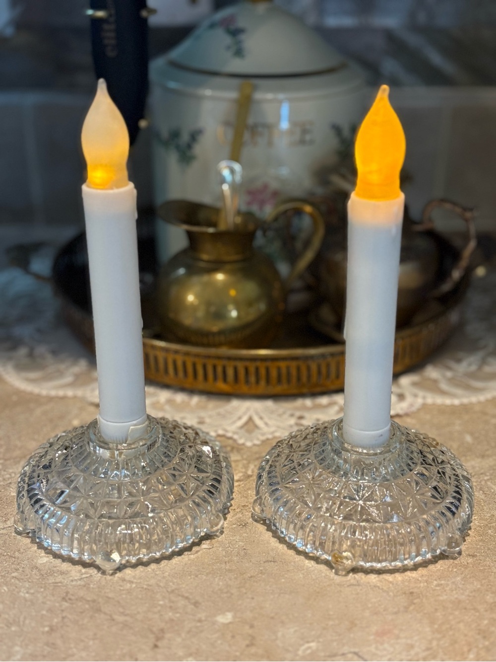 Vintage Clear Pressed Glass Starburst Taper Candle Holders Pair